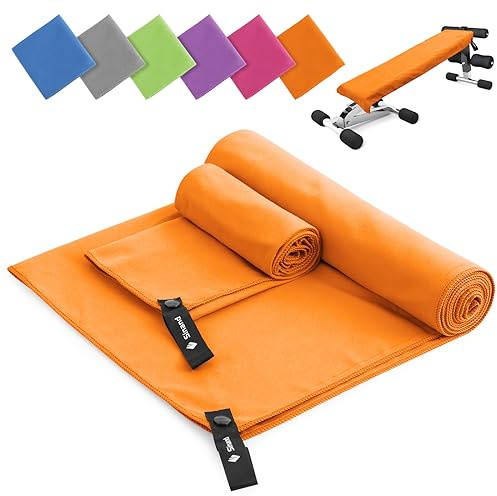 Sinand Microfibre towel 2 Pack |160x80cm+80x40cm| Ultra Lightweight Gym Towel, Quick Dry Microfiber Towels for Sports Travel Camping Beach Swimming (Orange)