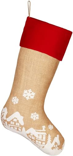 Brubaker Calza di Natale da Riempire e Appendere - Calza di Babbo Natale Grande 52 cm in Juta - Calza Decorativa per Natale e San Nicola - Villaggio di Natale nella Neve
