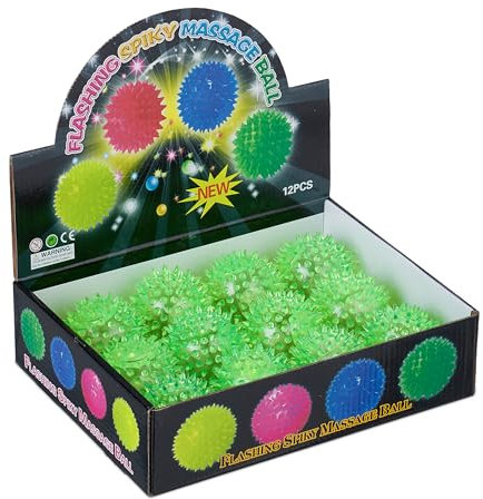 Relaxdays Palline Rimbalzanti Multicolore per Bambini, Set da 12 Palle Luminose LED, Spike Bouncy Ball Ø 6,5 cm, Verde