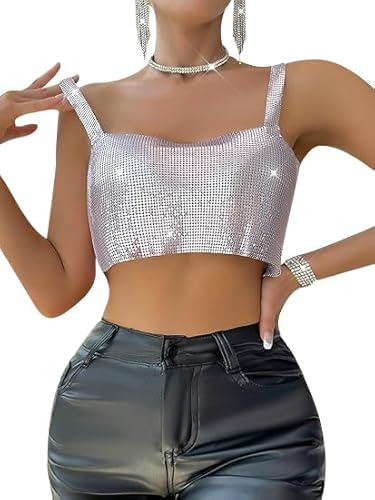 IBLUELOVER Débardeurs Paillettes Femme Crop Top Sexy Tank Tops Camisole Sans Manches Brillant Caraco à Bretelles Été Dos Creux Gilet Haut Cropped Club Party Fête Soirée Jazz Rock Tops Veste