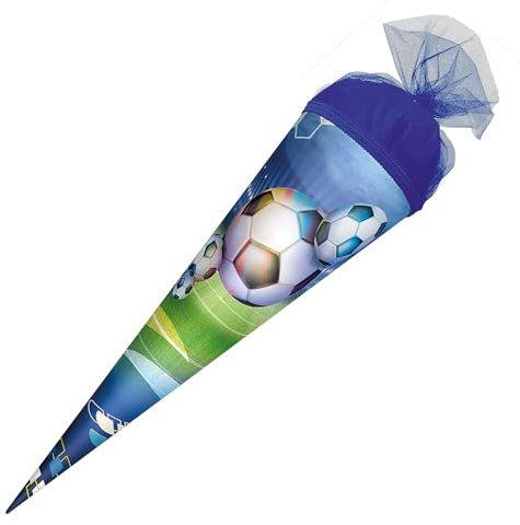 ROTH Schultüte Fußball 50 cm groß, runde Zuckertüte mit Tüllverschluss, Geschenkverpackung zur Einschulung