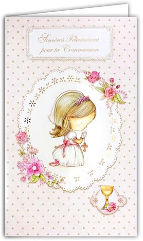 Afie 19-640 - Tarjeta portabillete con sobres sinceros felicitaciones por tu comunión hija cruz cristiana católica flores rosas vino copa cáliz cibebo ilustración – Fabricado en Europa