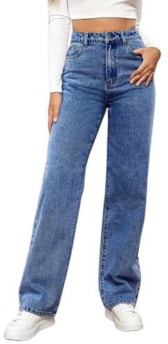 MANGGUO Jean Femme Taille Haute Coupe Droite Straight Jeans Baggy Jambes Larges amincissantes avec Tous Les Pantalon Automne Hiver Elastique Classique en Denim Jean Coupe（Couleur：Bleu Foncé,Size：XL）