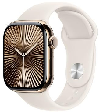 Apple Watch Series 10 GPS + Cellular 42 mm Smartwatch with Gold Titanium Case with Starlight Sport Band - M/L. Fitness Tracker, ECG App, Always-On Retina Display, Water Resistant