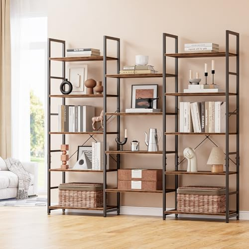 NUMENN Triple 5 Tier Bookshelf, Wide Book Shelf with 14 Open Display Shelves, Modern Tall Bookcase Furniture for Living Room Home Office, Vintage