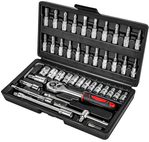 GHADA Steckschlüsselsatz 46-teilig Steckschlüssel Satz mit Knarre und Adapter Werkzeug aus Chrom-Vanadium Stahl 1/4 Zoll, KFZ, Auto Werkzeug