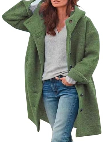 Oyuchga Trenchcoat dam lång ullrock med huva elegant enfärgad övergångsjacka vinterkappa bekväm varm långärmad ledig quiltad vinterjacka jacka, En grön., XL