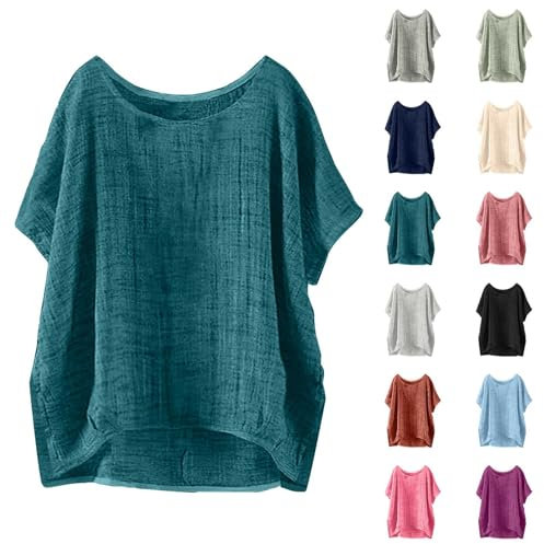 Day Prime Sommer locker Oversized Leinenbluse Kurzarm Vintage Leichte Bluse Basic Rundhals Damen T-Shirt Lässiges Bequemes Modisch Licht Hemdbluse Lässiges Atmungsaktive Elegante Blusenshirt