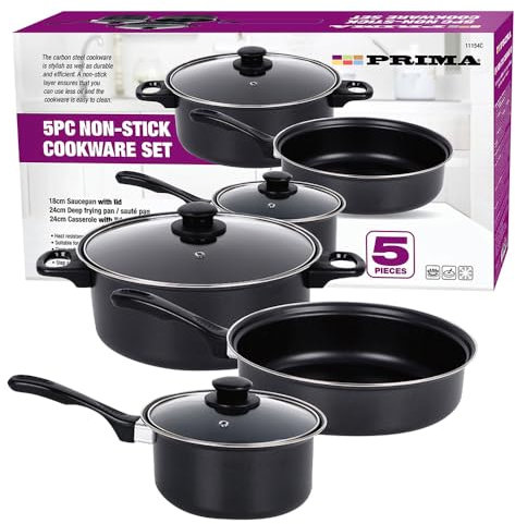5pc Cookware Set with Lids & Bakelite Handle - Carbon Steel Non Stick Cooking Pan Saucepan Set Pot and Frying Pans | Suitable for Gas, Electric, Halogen and Solid Hotplates - Tempered Glass Lid, Black