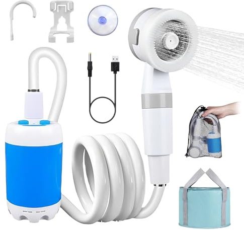 Gonggi Portable Shower Camping, Camping Showers, Rechargeable 3 Spray Modes Waterproof for Camping Travel Car Washing Pet Hiking Cleaning Equipped With a Bath Bucket