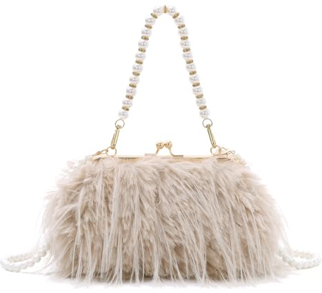Fecialy Bolso de mano para mujer Bolsos de noche con plumas mullidas Bolso de mano con perlas Bolsos bandolera vintage