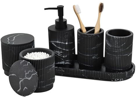 Sapisecret Badezimmer Set 6-TLG | Seifenspender + Zahnputzbecher mit Tablett & Wattestäbchenbox | Design Streifenmuster | Hochwertiges Polyharz | Schwarz Marmor Optik | Bruchsicher & Wasserdicht