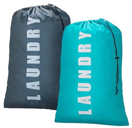2 Pack Large Laundry Bags, 61×91cm Travel Laundry Bags for Travelling, Dirty Clothes Bags with Drawstring for Travel, Home, Dormitory, and Camping Use (Blue + Grey)