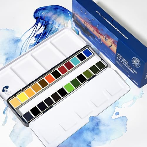 Paul Rubens Set di colori ad acquerello professionali, 24 colori oceanici, qualità artistica, alta pigmentazione e resistenza alla luce, colori ad acqua in pratica scatola di metallo per artisti