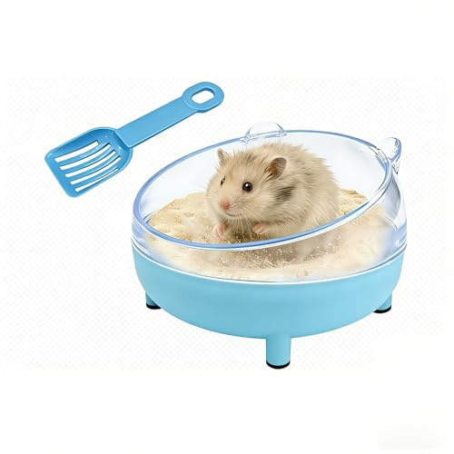 Hamster Sand Bath Container with Shovel - 4.7-inch Transparent Toilet Box for Syrian Dwarf Hamsters - Blue Gerbil Bathing Sandbox for Small Pets - Rounded Edges Easy Clean Dust-Free Design