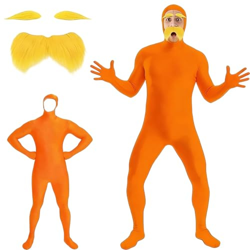 XILEPINGAN Disfraz de Lorax para Adultos, Traje Unisex Naranja de Cuerpo Entero con Barba y Cejas Amarillas, Ideal para Fiesta Temática, Día del Libro y Halloween (XXL)