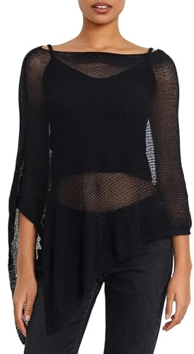 Kfsghdnz Poncho da donna, scialle lavorato a maglia, scialli larghi all'uncinetto, leggero, estivo, trasparente, mantello, Nero A, Etichettalia unica