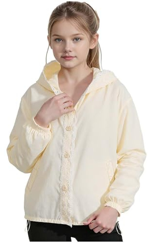 Girls Summer Casual Hoodies Kids Sun Protection Jackets Lace Trim Button Down Sweatshirts Lightweight Coat Breathable Loose Comfy Outerwear Rash Guard Top with Pockets for Children UK 4-15 Years