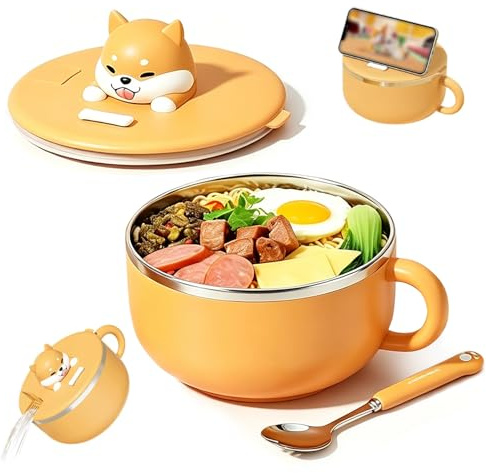 1 200 ml snabb ramenskål med lock och sked, snabb nudelskål med handtag, bärbar ramenkokare, mikrovågssäker för bento, lunch, soppa, pasta (herdehund