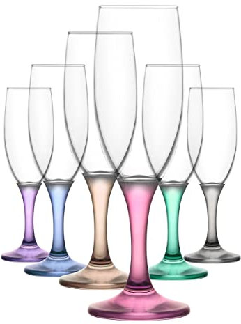 LAV Misket Champagne Flutes - Set of 6 - 190ml/6.4oz - Flat Base Party Multicolour Stem Glassware Stemware Glasses for Champagne, Red Wine, White Wine, Prosecco Drinking Parties