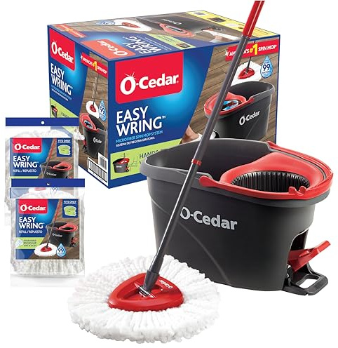 O-Cedar EasyWring Microfiber Spin Mop & Bucket Floor Cleaning System + 2 Extra Refills, Red/Gray