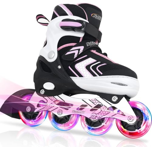 Adjustable Inline Skates for Girls, Girls Roller Skates for Kids Ages 8-12, Roller Skates with All Light up Wheels for Youth, Pink