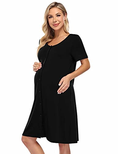 KOJOOIN Nattlinne dam födsel amningströja kortärmad pyjamas graviditet pyjamas nattkläder med genomgående knapplist (förpackning återanvändbar), svart, XL