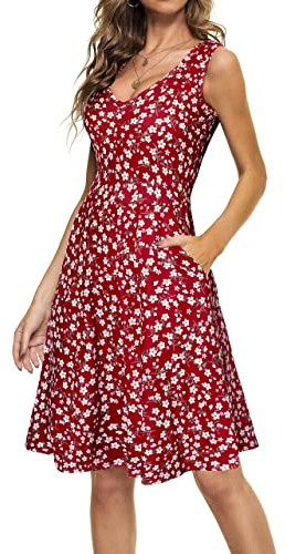 CLOUSPO Robe Femme Été Col V sans Manches Impression Maxi Robe Mode Décontractée Robe Elegante Robe De Plage Fleurs A L