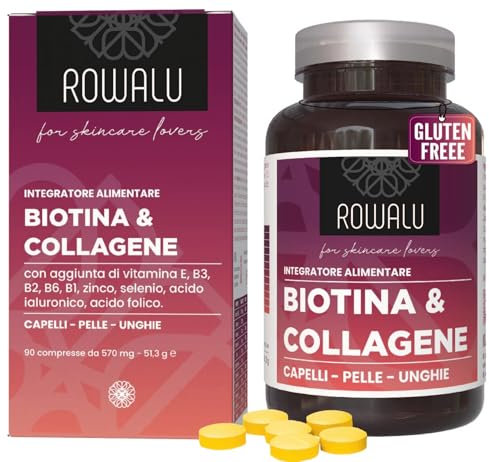 ROWALU ® Biotina Capelli; Collagene e Acido Ialuronico; Integratore Collagene Capelli, Unghie e Pelle; Ricco di Zinco, Vitamine e Selenio ; Integratore Crescita Capelli e Unghie; Made in Italy