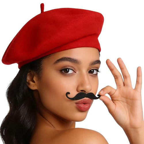 Adult French Beret and Moustache, Mime Artist Fancy Cosplay Cap Halloween
