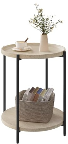 WOLTU Round Coffee Table, Small Side Table with 2 Shelves, for Living Room Bedroom, MDF + Metal, Light Oak, BTS06hei