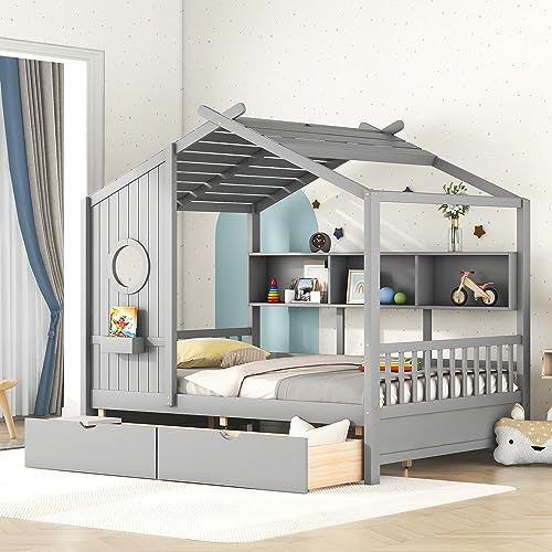 HUMEHA Full Size Bed Frames for Kids, House Bed with Window and Fence, Wood Platform Bed Frame with Drawers and Shelves, Playhouse Bed for Boys Girls, Gray, 78 L x 58 W x 72 H