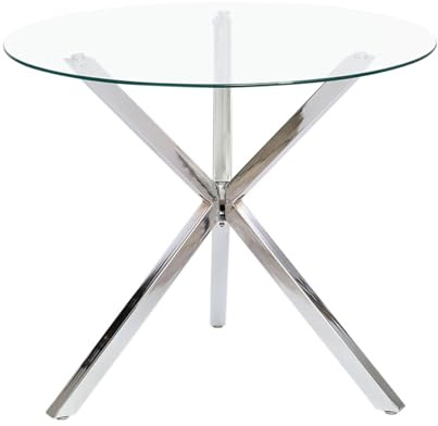 Warmiehomy Round Glass Dining Table With Silver Chrome Legs, 90cm Small Kitchen Dining Table for Living Room Office Restaurants,90 x 90 x 75 cm