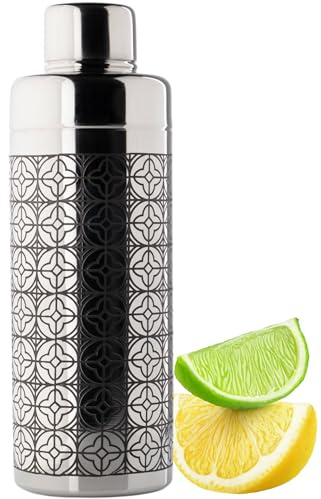 Stainless Steel Cobbler Cocktail Shaker Tool - 500ml (17fl oz). Built-in Ice Strainer, Silicone Seal & Spirit Measure Cap. Silver Etched Modern Design, Great for Beginners & Professionals