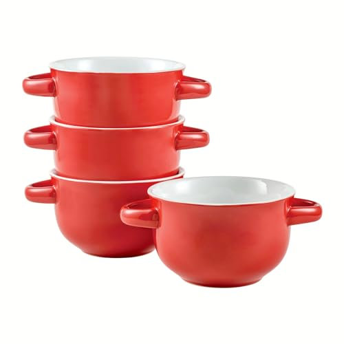 UNICASA Bols à Soupe avec Anse, Ceramic Bols Salad - 4 Pcs pour 4 Personnes, Bols à bouillon à Four, Bols à Céréales - 650 m - Rouge