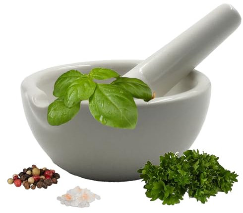 Bustlwor Mortier en Céramique D'herbes épicées, Petit Mortier et Pilon Blanc Crème, Mortier à épices en Céramique, Idéal pour Broyer des Espèces, des Herbes, des Médicaments ou D'autres Substances