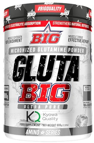 BIG - Glutamina - L Glutamina Micronizada Kyowa® para Recuperación Muscular - L-Glutamina Kyowa ® - L-Glutamina Materia Prima Premium con Sabores Exclusivos - 3 meses de suministro (600g, Ultra Pure)