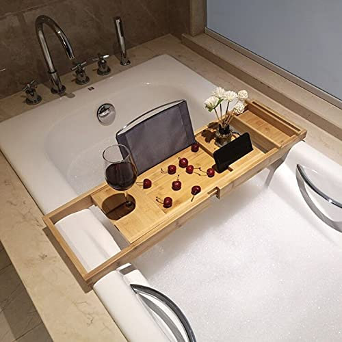 Qussse Vassoio per vasca da bagno in bambù, ampio ripiano per vasca da bagno, larghezza 75-109 cm, per bicchieri da vino Ipad e libri