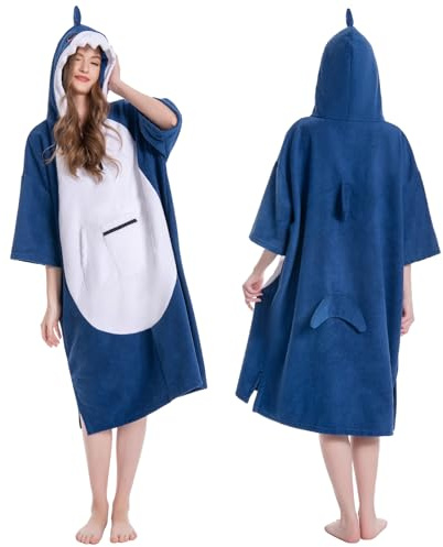 OLAOLA Poncho de Surf para Adultos, Toalla de Microfibra con Capucha y Bolsillo, Suave Albornoz Playa Natacion, Secado Rápido Toallas Poncho para Mujeres y Hombres (Tiburón)