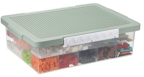 OGANAZI Plastic Building Block Bricks Storage Box Containers with Sorting Tray and Building Plate Lid, Lego Box Lego Organiser with Snap, Double Layers and 30 Compartments, Green, 32.5 * 23.5 * 11cm