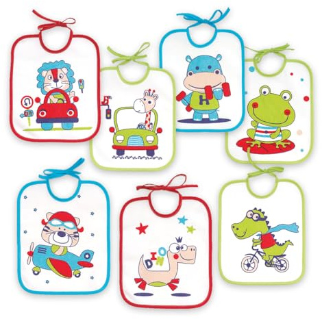 Ti TIN Pack de 7 Baberos Bebé Impermeables, Rizo de Algodón Plastificado, Absorbentes y Fáciles de Lavar, Cierre con Cintas, Hasta 12 Meses