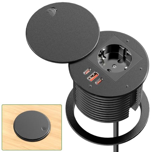 Prise Encastrable avec 2 USB C PD 35W et USB QC 30W, Multiprise Encastrable Plan de Travail avec Couvercle, Bloc Prise Escamotable pour la Cuisine, Le Bureau, Les Meubles, 1,8M de Câble, Noir