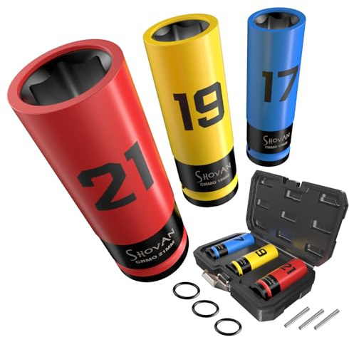 Kit de Douilles pour Bullons de Roue (17/19/21mm) - Embrayage 1/2 compatible clés dynamométriques/à impact, acier Cr-Mo anti-usure, protection 360° jantes, idéal pour voitures/SUV