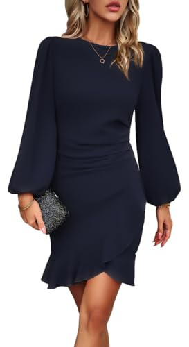 HUXRAKV Slim Vestito Donna Eleganti Maniche a Bolla Bodycon Orlo Irregolare a Coda di Pesce Business Abito da Cocktail Formale Lavoro Festa,WD21-Blu Scuro,S