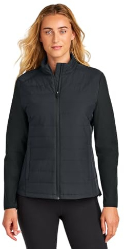 SPORT-TEK Women's Teknical Hybrid Jacket | Light Insulated Zip Up Jacket, Water Repellent, Adjustable Hem, Zip Pockets, Black, X-Large