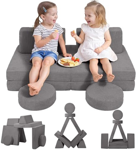 MeMoreCool Kids Play Sofa, Modular Corduroy Toddler Chair Couch for Bedroom Playroom, 8-Piece Soft Plush Fold Out Couch Bed, Creative Children Convertible Sofa, Light Gray