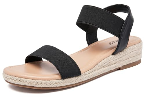 Veittes Sandales compensées à plateforme pour femmes,Sandales compensées espadrilles d'été habillées à talon avec bride élastique à la cheville, bride unique et orteils ouverts