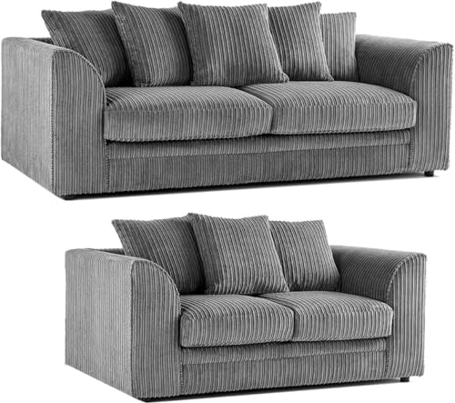 3+2 Seater Sofa - Comfy Dual Arm Corner Settee - Upholstered Jumbo Fabric Sofa Couch Set - Corduroy 5 Seater Sofas - Modular Soft Cord Scatter Back Couches for Living Room Lounge (Grey, 3+2 Seater)