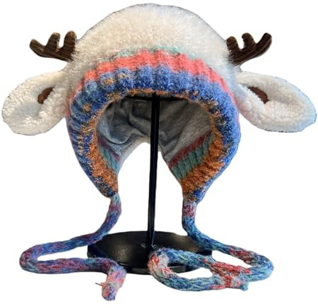 Wintermütze Damen Warm, Süße Mütze Mädchen Reindeer Strickmütze mit Ohrenklappen Flauschige Damenmützen Bunt Winddichte Mützen Gestrickte Damenmütze Kälteschützend Tiermütze für Weihnachten