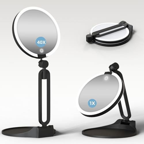 Specchio ingranditore con illuminazione 40X/1X, specchio da viaggio con luce e ingrandimento 40x, 3 colori, dimmerabile, ricaricabile, doppio lato 15 cm, pieghevole, orientabile a 360°